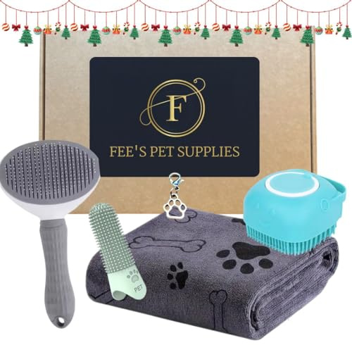 Grooming set for Dogs Easy-Clean Pet Hair Remover Brush, Microfibre Towel, Silicone dog Shampoo Brush, Finger Toothbrush+Bonus Vintage Paw Charm | Perfect Dog Gift Set (Grey)