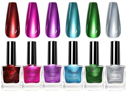 6 Colors Metallic Nail Polish Set, Chrome Holographic Silver Red Nail Polish Quick Dry Nail Varnish Blue Green Purple Metal Chrome Nail Art Varnish Manicure DIY Nail Art Home For Women