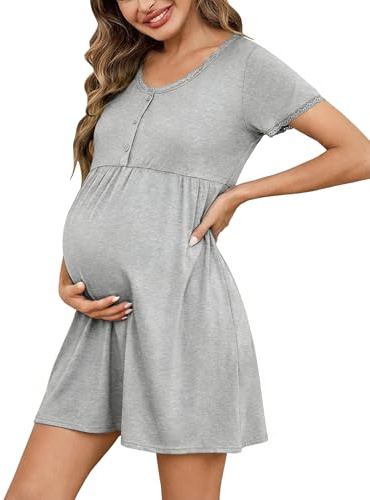 Demegimi Camicia da Notte Donna Pizzo Premaman Cotone Camicia da Notte per Allattamento con Bottoni Aperto Anteriore Vestaglia Allattamento Scollo a V