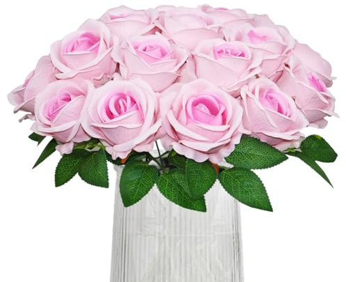 Olrla 20 rosas artificiales de terciopelo rojo, cabeza de rosas para ramos de flores para el día de San Valentín, decoración del hogar y la oficina (rosa)