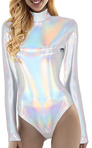 Body Damen Glänzende Metallic Langarm Lackleder Bodysuit Turnanzug Oberteile für Ballett Sport Disko Fasching Kostüm