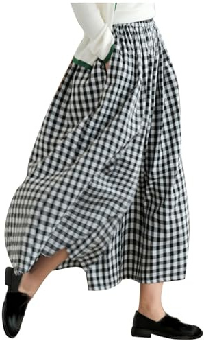 RLEHJN Wide Leg Cropped Trousers for Women UK Sale, Ladies Cotton Linen Trousers Elasticated Waist Checked Printed Palazzo Pants Lightweight Baggy Trousers Skirt Casual Bottoms for Spring Summer