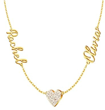 Personalisierte Halskette mit 2 Namen, Choker mit 18K Vergoldetem Namensschild und Herz Anhänger, Personalisierte Namenskette mit Buchstaben, Schmuckgeschenk zum Muttertag für Mama