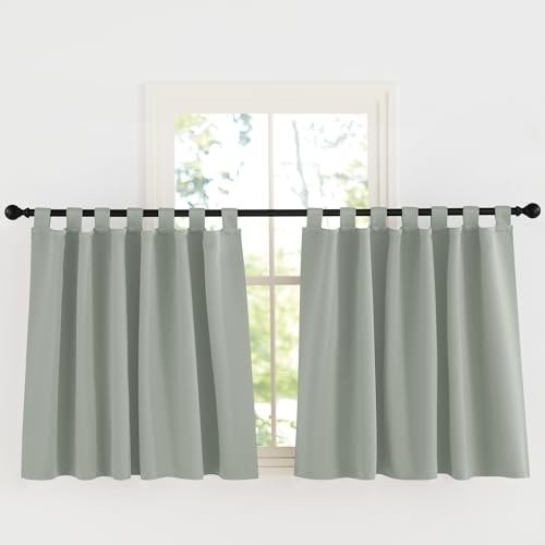KGORGE Kinderzimmer Gardinen mit Schlaufen Scheibengardinen Blickdicht Kurze Vorhänge Thermo Küche Verdunklungsvorhänge Fenster Schlaufenschal 2er Set H 90 x B 140 cm, Salbeigrün