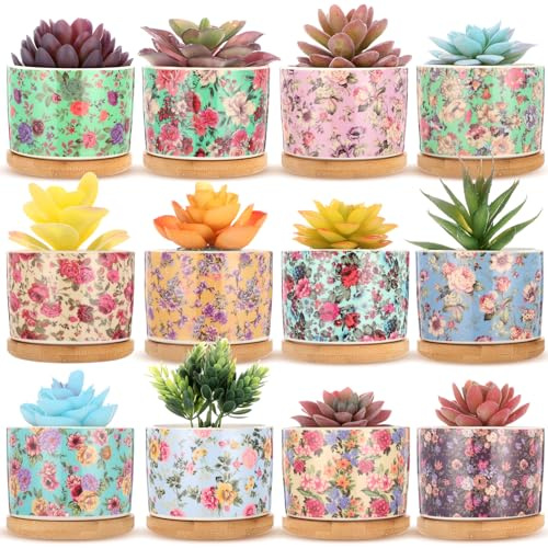 Threehoney 12 Stück Keramik-Sukkulenten-Blumentöpfe, 8,9 cm, bunte Mini-Blumentöpfe mit Ablaufloch und Bambus-Tabletts für kleine Pflanzen, Blumen, Kakteen, Heimbüro-Dekoration