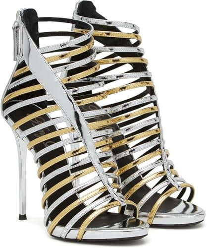 Kvinnor Sexiga höga klackar 13 cm stiletto klackade sandaler sommar romersk stil gladiator pekade tå ankel rem pumpar party klubb bröllop dansskor, guld, 40 EU