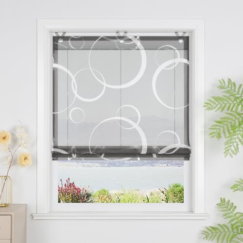 SCHOAL Raffrollo mit Ösen Voile Transparente Raffgardine Rollo mit Kreis 1 Stück BxH 60x130 cm Grau