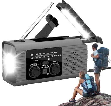 Radio Solaire d'urgence, Radio à manivelle, radios Portable AM/FM/NOAA à remontage Manuel avec Lampe Torche dynamos, radios météo Triple Charge, Batterie Externe pour Longs trajets(Gris)