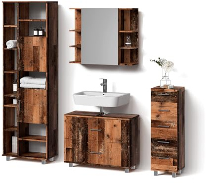 Livinity Set di mobili da bagno Eisak, Rovere rustico, 4 parti, con armadio alto