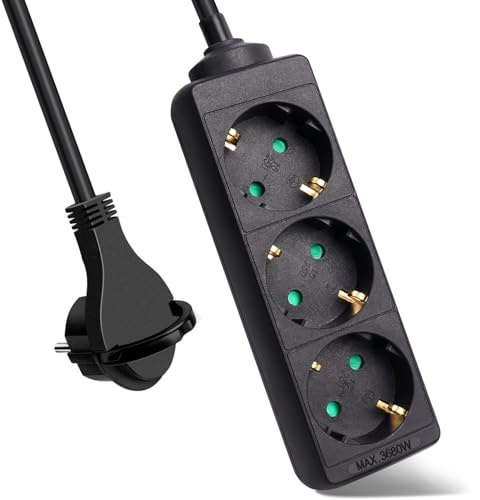 EXTRASTAR 3 Fach Steckdosenleiste Flachstecker mit Kindersicherung, Schwarz | 1.5m Kabel Mehrfachsteckdose Flacher Stecker 3G1.5mm² 16A/3680W für Büro und Zuhause