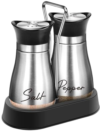 Salt and Pepper Sets,2 Pcs Stainless Steel Spice Glass Bottles,Salt Dispenser with Holder,for Home,Kitchen, Restaurant, Dining Table