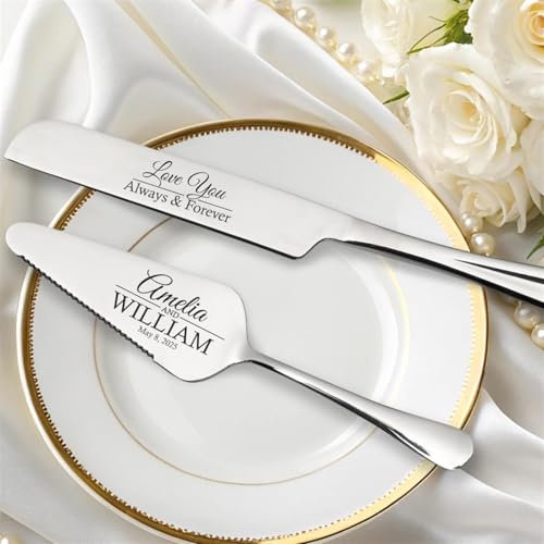 XFZDKJSD Custom Wedding Cake Serving Set Engraved Cake Cutter Wedding,Custom Engagement Engraved Set (Silver)