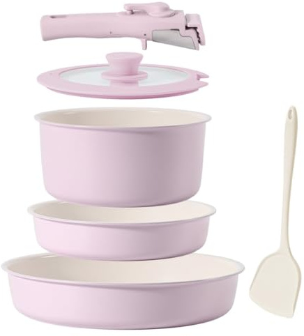 MsMk 6-Piece Pink Ceramic Nonstick Cookware Set, Frying Pans with White Interior (20/24/28cm), Removable Handle, Glass Lids, Spatula, Space-Saving Design, Oven & Dishwasher Safe