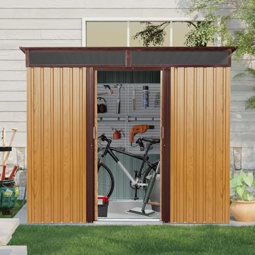 8x6 ft Outdoor Metal Storage Shed, Lockable Galvanized Steel Garden Tool Shed with Sliding Doors, Floor Base, Air Vents and Clear Window Panel, Waterproof Backyard Storage House for Lawn and Garden C