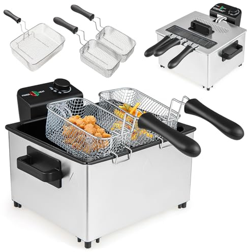RELAX4LIFE Frittura Elettrica in Acciaio Inox 2000W, Capacità 5 L con 3 Cestelli, Temperatura Regolabile, Coperchio con Finestra Trasparente, Manici Anti-Scottatura, Ideale per Cucina Domestica