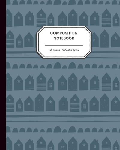 Scandinavian Row Home Notebook – 8x10” – 100 College Ruled Pages – Nordic Doodle Pattern in Tonal Blues for Writing, Journaling & School