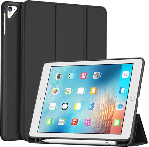 ProCase Hülle für iPad 9,7 Zoll 6. /5. Generation 2018 2017, Schutzhülle mit Stifthalter Leicht Dünn Smart Cover Hüllen für iPad 6/5 -Schwarz | Weiche TPU-Rückseite mit Stifthalter, automatische Wake/Sleep-Funktion, Schwarz