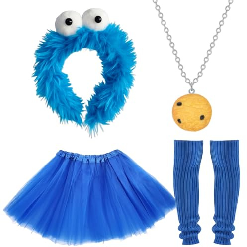Werownsgso 5 Stück Krümelmonster Kostüm Damen mit Krümelmonster Haarreif Kekse Ohrringe Halskette Blau Tüllrock Bein Stulpen Krümelmonster Kostüm Accessoires für Damen Karneval Maskerade und Cosplay