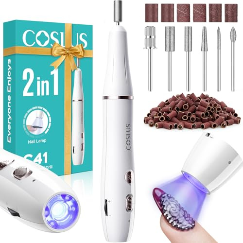 COSLUS C41 Cordless Electric Nail Drill File: 2 in 1 Portable Nail Drill Machine with Lamp for Acrylic and Gel Nails, Professional Efile Manicure Pedicure Set for Home & Salon (White)
