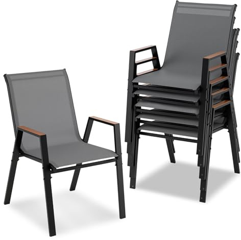 COSTWAY Gartenstühle stapelbar 6er Set, Stapelstühle bis 180 kg belastbar | Terrassenstühle mit WPC-Armlehnen, atmungsaktives Gewebe, Balkonstühle für Garten, Balkon, Terrasse, Grau