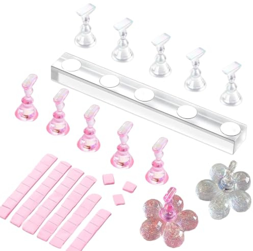 PEVRUAY Support Ongle Magnétique pour Pratique et Présentation, 2 Bases en Acrylique avec 10 Supports de Pointes (Transparent & Rose) et 30 Pcs d'Argile Adhésive, Présentoir Ongles Capsules Nail Art