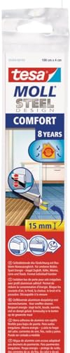 tesa INSULATION Premium Türdichtschiene für unebene Böden - Selbstklebende Alu-Türdichtung zum Schutz vor Zugluft - Edelstahl - mit Bürstendichtung bis 15 mm