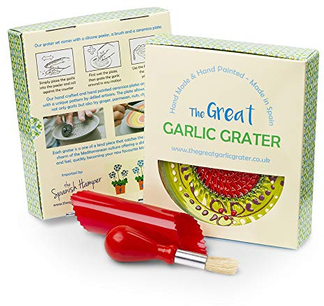 Garlic Grater Plate Set with Brush and Peeler, (#Ref 15). Green Plate with Red and Green Circle, Orange Rim. Handmade and Hand Painted in Cordoba, Spain