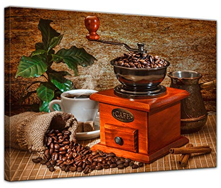 Bilderdepot24 Wandbild Kaffeemühle - 60x50 cm Leinwandbilder Bilder als Leinwanddruck Fotoleinwand Essen & Trinken - Genuss - Auszeit - Bohne - Geschmack