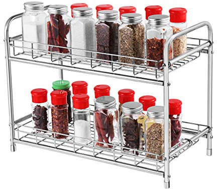 BESTonZON 2-tier Kitchen Spice Rack Countertop Organizer Shelf Holder Made of Sturdy Iron in Silver Colour, Practical and Detachable Design for Storing Jars in Cupboards and Pantries