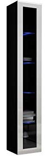Hängevitrine Vigo Vitrine Vitrinenschrank Hängeschrank Wandvitrine Wandschrank mit 1 Tür Schrank Wohnzimmerschrank Grifflose, Push to open (Schwarz/Weiß Hochglanz, Mit Blauer LED Beleuchtung)