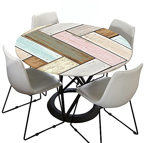 Morbuy Rund Tischdecke Elastisch, Planke Drucken Rund Tischdecken Wasserdicht Lotuseffekt Abwaschbar Abwischbar Tischtuch für Dekoration Küchentisch Garten Outdoor (Durchmesser 90cm,Patchwork)