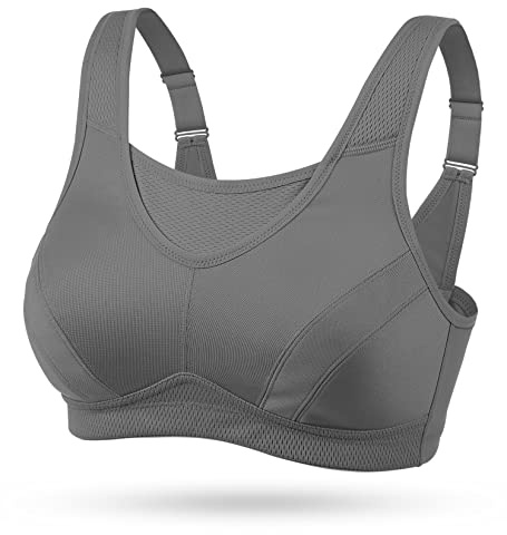 WingsLove Women's High Impact Sports Bra High Support Wireless Adjustable Plus Size for Large Breasts Grey