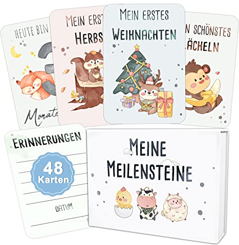 Marveligths Meilensteinkarten Baby, 48 Meilenstein Karten Set, Geschenke zur Geburt, Taufe oder Babyparty, Geschenk für Jungen & Mädchen, Baby Erstausstattung Neugeborene, Baby Geschenk
