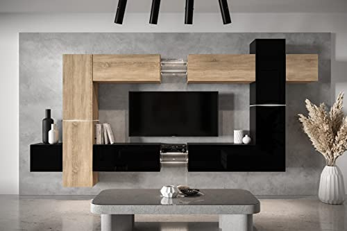 Furnitech Wohnwand Wohnzimmer - Modern - Hängend Wohnwand mit Regalen und TV Schrank - Schwarz, 354 cm (W) x 35 (D) 203 (H), für Wohnzimmer