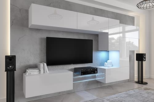 Furnitech Wohnwand Wohnzimmer | Wohnzimmer Möbel mit LED Weiß | Hängend Wohnwand Modern | Wohnzimmer Schrankwand mit Regale und TV Schrank (AN92NEW-21W-HG2)