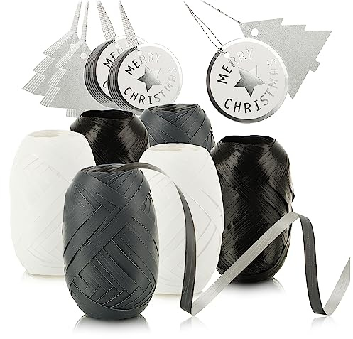 com-four® 30-teiliges Verpackungsdekoset - Geschenkbänder und Geschenkanhänger zum Verpacken und Dekorieren - Deko-Ringelbänder und Anhänger zum Beschriften
