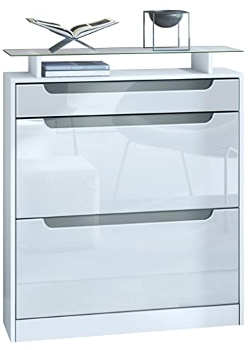 Vladon Schuhschrank Fiesta, Weiß matt/Weiß Hochglanz/Grau Hochglanz Schuhkipper für 16 Paar Schuhe mit 2 Klappen (89 x 104 x 23 cm)