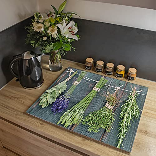 banjado® Herdabdeckplatte Glas 2-teilig 80x52 cm/Schneidebrett Herdabdeckung mit Motiv Acht Kräuter/Herdabdeckplatten Ceranfeld 2teilig / Schneidebrett Glas individuell einsetzbar