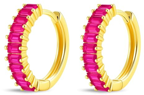 GOLDENCAT Pendientes Magic Dorados, Pendientes Aro Circonitas, Aros Pequeños con Piedras, Argollas Zircon, Aretes, Diámetro aro 15 mm, Grosor del aro 2 mm, Plata de Ley 925 Baño Oro, Zircon Rosa