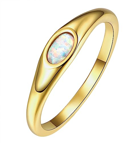 TUNGSTORY Ringe für Damen 14K Vergoldet Ehering Oval Opal Stapelring Größe 60(19.1)