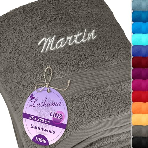 Lashuma personalisiertes Saunatuch mit Name Stick, Linz Badetuch Grau - Dunkel 85x220 cm