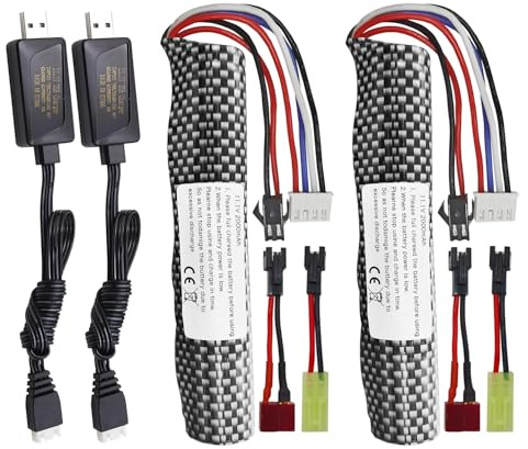 2PCS 3S 11.1V 2000mAh Batterie Connecteur SM-2P avec 2PCS Ligne de Chargement USB pour Gel Airsoft Balle à Eau Gel Airsoft Balle Onde de Choc