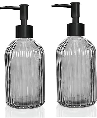 Ulable 2 Pack Glass Soap Dispensers 400 ML/14Oz, Pump Bottle Dispenser Grey | Refillable Hand Soap Dispenser Bottle wiht Rustproof Plastic Pump Head for Kitchen, Bathroom, Laundry Room Daily Use