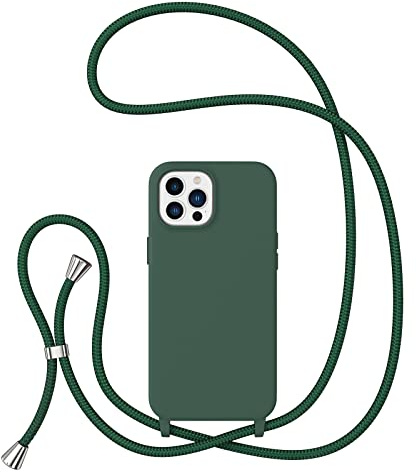 ZTOFERA Crossbody Lanyard Case for iPhone 15 Pro (6.1-Inch), Liquid Silicone Protective Phone Case with Strap Adjustable Neck Cord Necklace Soft Cover, Dark Green