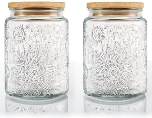 Prettidecor Barattolo ermetico in vetro vintage con coperchio ermetico in bambù, 50 ml, contenitori per alimenti in vetro da cucina, per caramelle, caffè, chicchi di tè, avena, farina, cereali