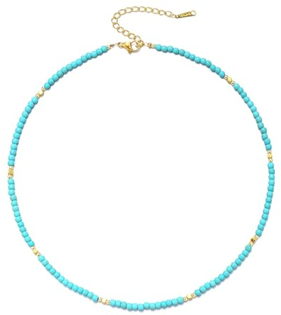 Aleasha Collana con Perle Colorate, Turchese, Spinello, Ametista, Lapislazzuli, Stile Boho, Girocollo Corto, Acciaio Inossidabile, Choker Estivo, Fatto a Mano, Gioielli da Donna, 37cm, 37 cm, Turchese