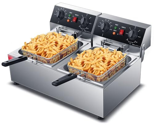 RUYICZB Friteuse Electrique Professionnelle 2X10l, Friteuse À Double Cuve Commerciale en Acier Inoxydable, Principe De La Zone Froide, 2 Couvercles Et 2 Paniers, Fonction Reset