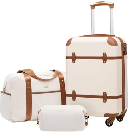 COOLIFE Koffer Trolley Koffer Reisekoffer ABS Hartschalen Trolley 4 Rollen TSA-Schloss Grosse Kapazität Der Koffer Enthält 1 Reisetasche und 1 Kulturbeutel (Weiß/Braun, Handgepäck-Set 3tlg)