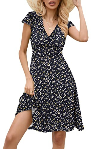 Zeagoo Vestido Cruzado para Mujer Elegante Vestido con Mangas Cortas y Cuello en V Vestidos Floral de Verano Festivo Azul-Flor L