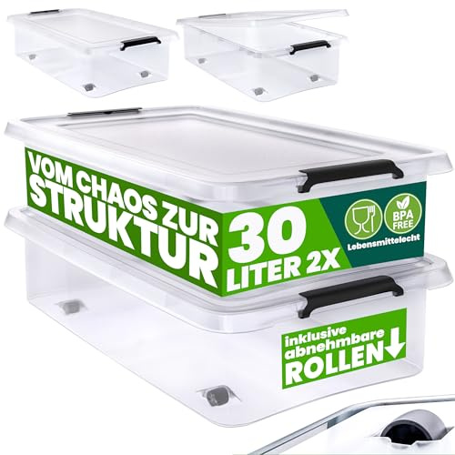 Deuba® 2X Boîte de Rangement 30L en Plastique Transparent empilable sans BPA Gain de Place Caisse de Rangement roulettes